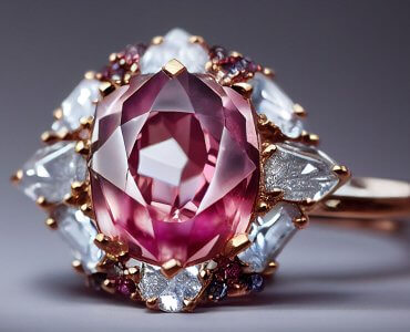 Australian Pink Argyle Diamond Ring set with white diamonds and gold band.