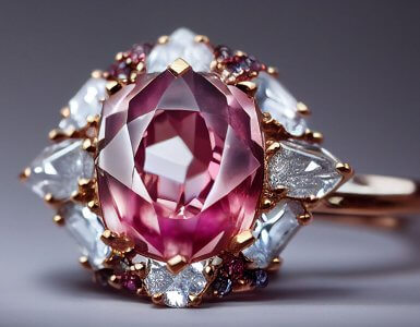 Australian Pink Argyle Diamond Ring set with white diamonds and gold band.